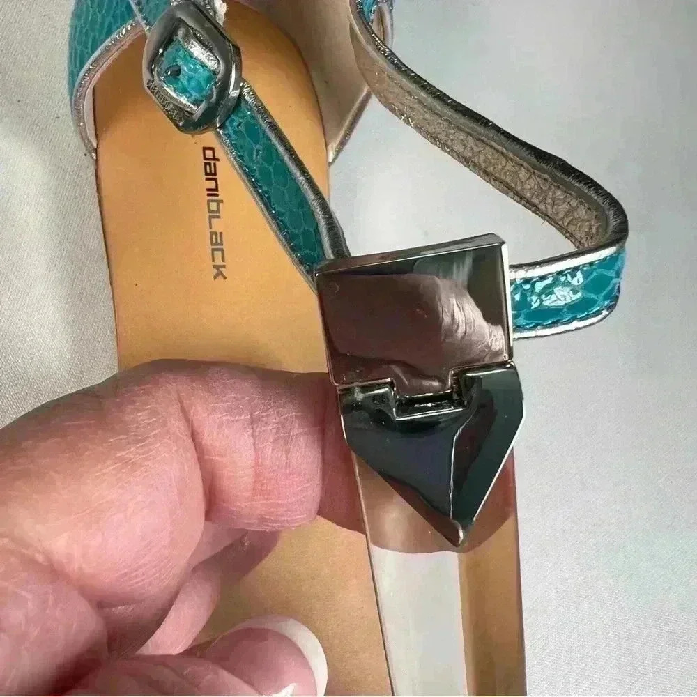 Dani Black turquoise/silver snake flat sandals clear bar between straps Sz 9.5 - Picture 7 of 13
